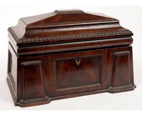 AN EARLY VICTORIAN MAHOGANY TEA CADDY IN THE FORM OF A SIDEBOARD, THE FITTED INTERIOR WITH PAIR OF CANISTERS AND A GLASS JAR,