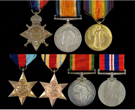 WORLD WARS I AND II FAMILY GROUPS, 1914-15 STAR, BRITISH WAR MEDAL AND VICTORY MEDAL PTE J G BURNARD SAMC [ON STAR, PTE J G B