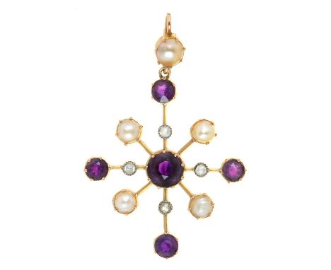 AN AMETHYST, SPLIT PEARL AND PASTE PENDANT IN GOLD, UNMARKED, 4G 
