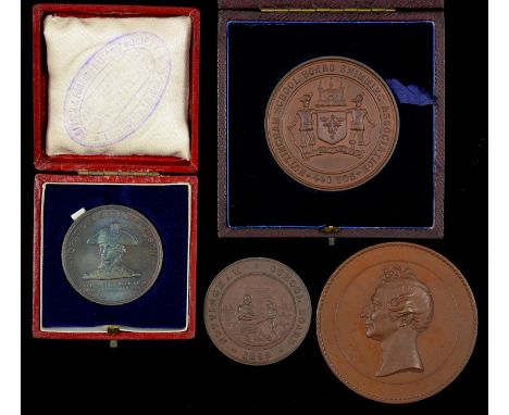 LORD NELSON'S FLAGSHIP HMS FOUDROYANT 1897 COMMEMORATIVE MEDAL, BRONZE, CASED, VERY FINE AND THREE OTHER 19TH C BRONZE COMMEM