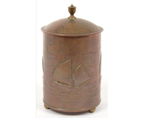 A CORNISH ARTS AND CRAFTS COPPER REPOUSSE TEA CADDY AND COVER BY HERBERT DYER OF MOUSEHOLE, WORKED WITH A CONTINUOUS SCENE OF