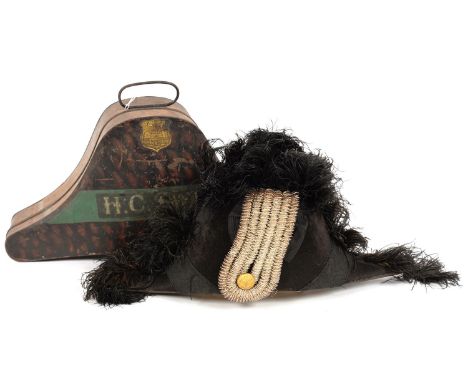 A BLACK OSTRICH FEATHER TRIMMED BICORN HAT WITH SILVER BRAID AND GILT ROYAL ARMS BUTTON, IN JAPANNED BOX, BY JONES &amp; CO, 
