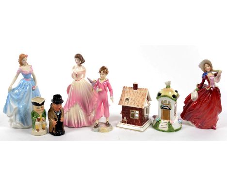 TWO ROYAL DOULTON BONE CHINA FIGURES OF YOUNG WOMEN, A ROYAL WORCESTER FIGURE OF BOY WITH PARAKEET, TWO COALPORT COTTAGES, ET