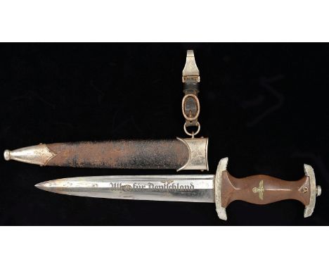 A GERMAN, THIRD REICH, SA OFFICER'S DAGGER AND SHEATH, THE BLADE WITH CIRCLED RZM MARK OVER M7/36, BROWN GRIP WITH ENAMEL SA 