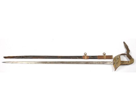 A PRE-WORLD WAR II ROYAL AIR FORCE OFFICER'S SWORD AND SCABBARD, THE GILT BRASS HILT WITH CROWN AND EDWARD VIII CYPHER, ETCHE