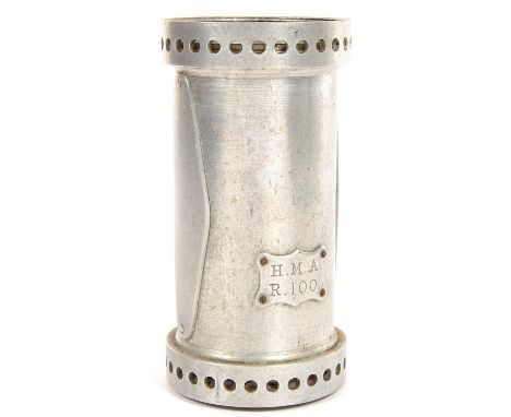 R101 AIRSHIP RELIC. A TURNED ALUMINIUM PORT OR PIPE ADAPTED AS A VASE WITH LEAD BASE, ENGRAVED ON A TABLET H. M. A. R. 100, 2