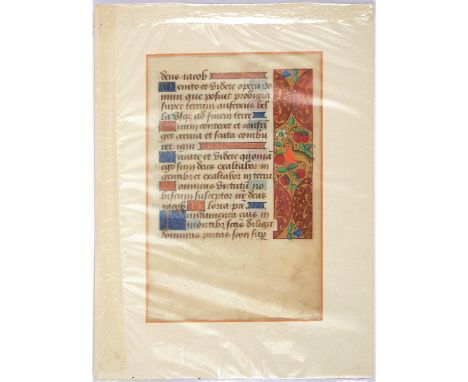 ILLUMINATED MANUSCRIPT. A SINGLE LEAF FROM A PSALTER, 16.5 X 11.5CM IN WINDOW MOUNT 