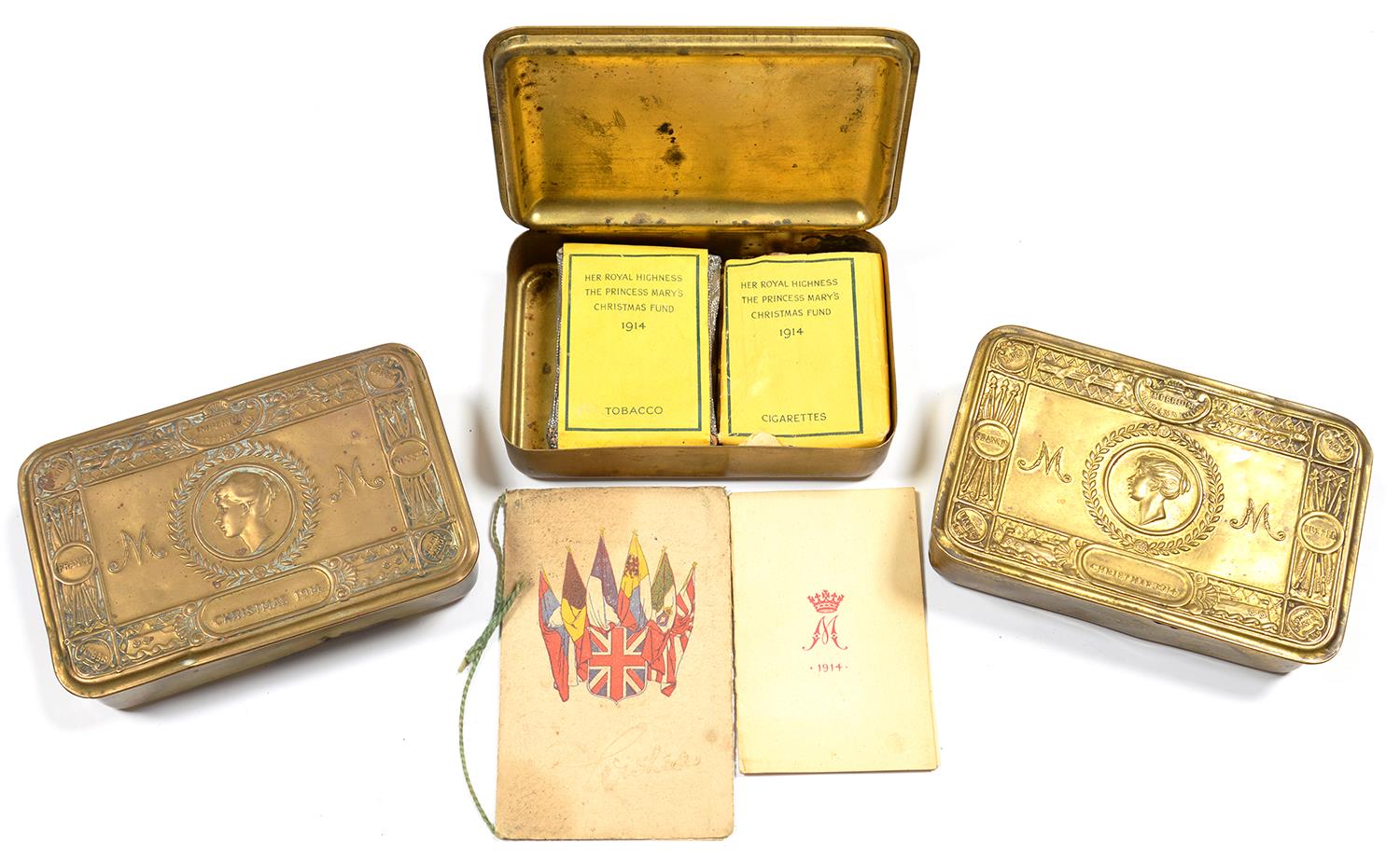 CHRISTMAS 1914 BRASS TIN WITH ORIGINAL CONTENTS (PACKS OF CIGARETTES AND TOBACCO AND CARD) AND TW