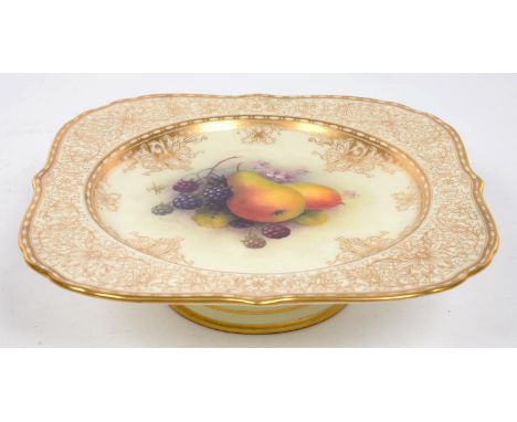 A ROYAL WORCESTER LOW DESSERT STAND, PAINTED BY A. SHUCK, SIGNED, WITH RIPENING PEARS, BLACKBERRIES AND BLOSSOM IN GILT BORDE