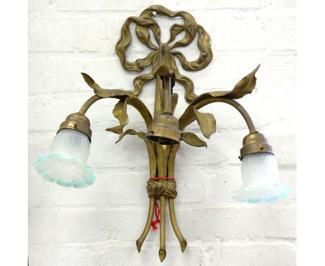 A GILTMETAL THREE BRANCH WALL LIGHT WITH TWO OPALESCENT GLASS SHADES, 58CM H 