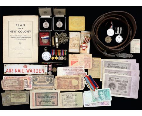 MISCELLANEOUS MILITARIA, TO INCLUDE BRITISH HOME FRONT RED AND WHITE ENAMEL OFFICE DOOR PLATE - AIR RAID WARDEN, 5 X 23CM, WO