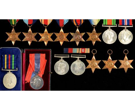 WORLD WAR TWO, 1939-1945 STAR, AFRICA STAR, 8TH ARMY CLASP, WAR MEDAL AND RIBBON BAR INCLUDING 8, IN CARD BOX ADDRESSED T A W