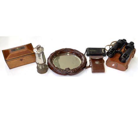 A VICTORIAN CARVED MAHOGANY CIRCULAR MIRROR OF LAURELS AND RIBBON BOW, 33CM D, AN INLAID MAHOGANY TEA CADDY, A MINER'S SAFETY