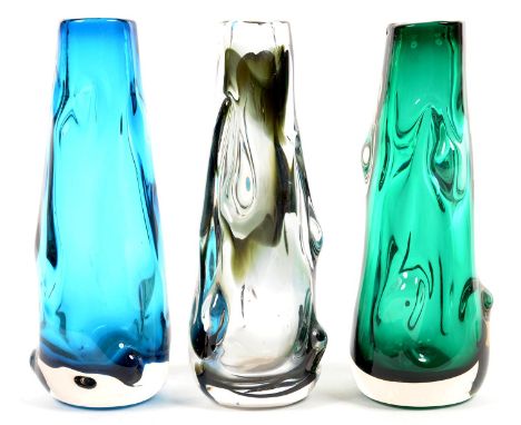 THREE JAMES POWELL AND SONS WHITEFRIARS KNOBBLY MEADOW GREEN, KINGFISHER BLUE AND STREAKY GREEN LAMP BASES, DESIGNED BY WILLI