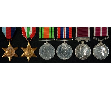 WORLD WAR II GROUP OF SIX, 1939-1945 STAR, ITALY STAR, DEFENCE MEDAL, WAR MEDAL, ARMY LONG SERVICE AND GOOD CONDUCT MEDAL AND