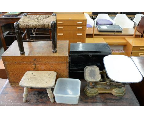 MISCELLANEOUS ITEMS, INCLUDING FOOT STOOLS, SCALES, JAPANNED METAL CASH TINS, ETC 
