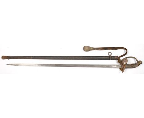 A PRUSSIAN M1889 INFANTRY OFFICER'S SWORD AND SCABBARD, POST 1906, BY EICKHORN, BRASS HILT STAMPED P.35, BLACK PAINTED SCABBA