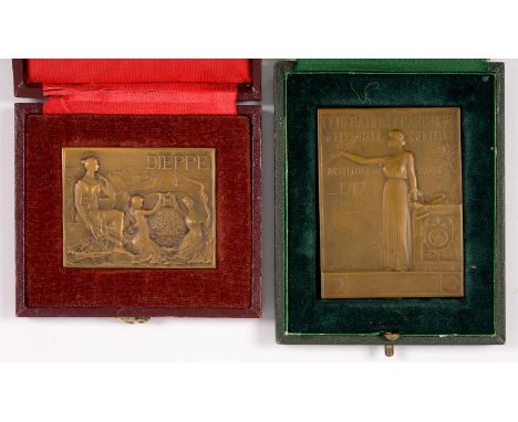 TWO FRENCH BRONZE PLAQUETTES, THE LARGER OF THE FEDERATION FRANCAISE DE FOOTBALL, INSCRIBED COMPIEGNE 3-4-1938, 6.5 X 4.6CM, 