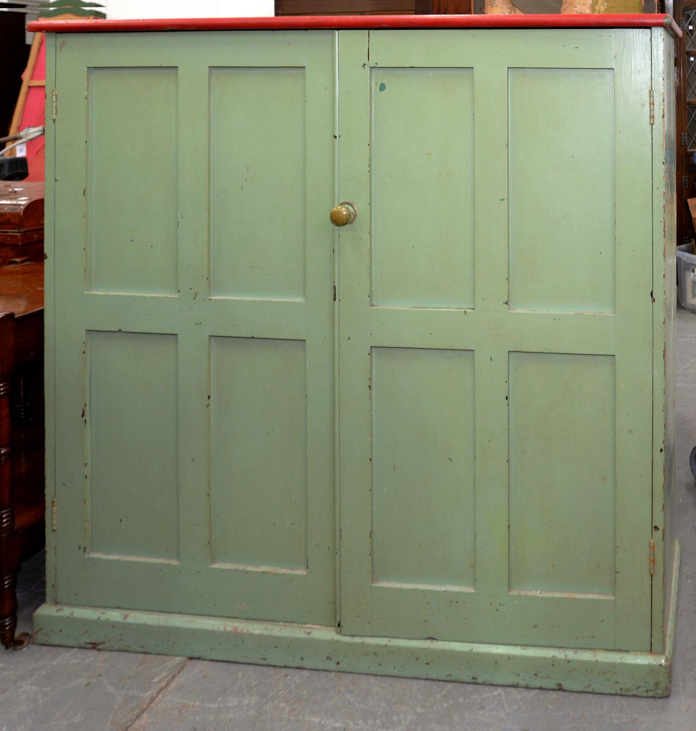 A VICTORIAN PINE CUPBOARD WITH PANELLED DOORS, LATER PAINTED, 126CM H