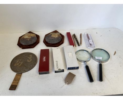 Quantity of  pens, magnifier glasses etc   Japanese polished bronze hand mirror with cranes and prunus blossom, and a pair of