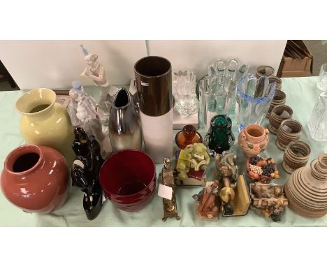 Broadstairs pottery decanters 6 goblets, various pottery figurines, Worcester plate,  Glass and ceramic vases including, Blei
