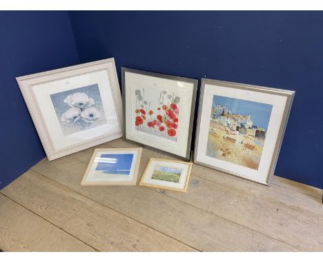 After John Taylor, colour print, white poppies and 3 other contemporary prints, all framed and glazed; and a small watercolou