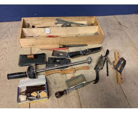 Wooden Box with various tools including Bowie Knife, Spoke shaves and a tourque wrench and set of prints taken from Pretoriou