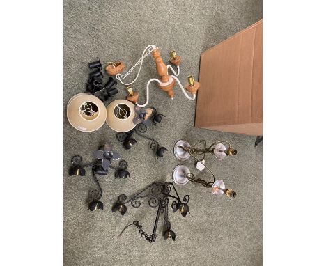 Quantity of lighting  to include a pair of lamps, and modern wall sconces/candelabra and fittings etc 