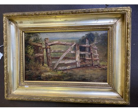 Manner of FREDERICK HENSHAW, Oil on wood panel "The rickety five bar gate", 18 x 30cm in gilt frame 