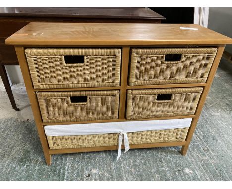 Modern wicker basket storage unit 95 cm L x 80cm H  Condition good watermark to top and a modern slatted hardwood storage uni