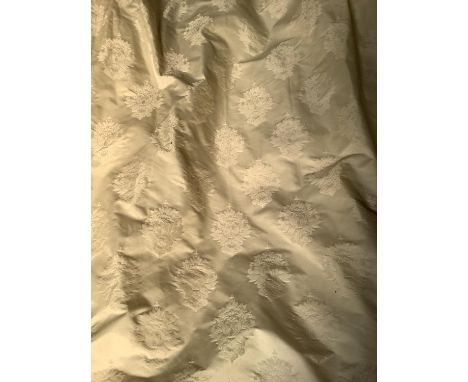 Pair of white damask curtains, self floral pattern .  Drop 122 cm approx, width on pleated top 160 cm width on bottom 335 cm 
