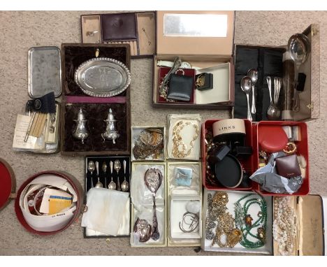 Miscellaneous lot to include Qty of costume jewellery, silver plate, vintage nurses medical syringes and thermometer, gents l