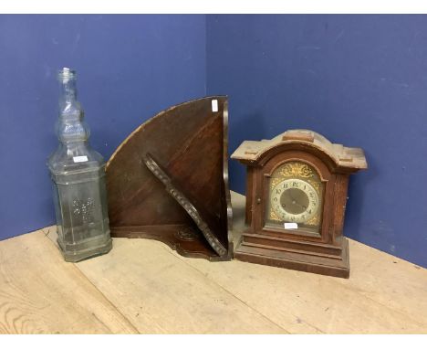 Qty of collectables to include a black metal trunk (labelled 11th Hussars) a large glass bottle, a  mantle clock, and oak cor