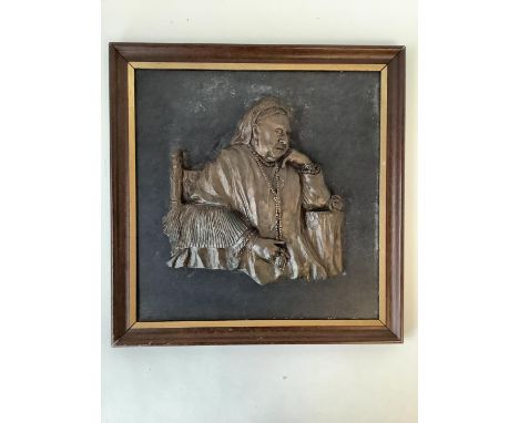Framed relief bronze plaque of Queen Victoria seated 