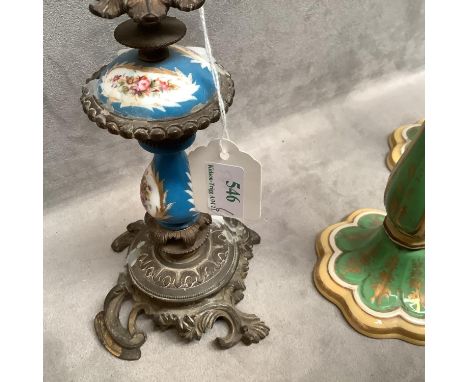 Pair French porcelain and ormolu candlesticks 22 cm H and a pair of ceramic candlesticks (repaired stems) and a pair of porce