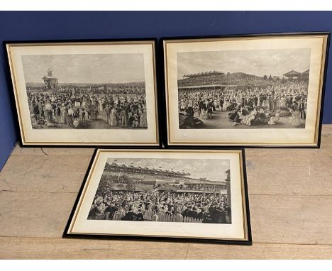 Modern limited edition set of 3  black and white prints "Melbourne cup day 1887"  38 x 60  framed and glazed  Condition gener