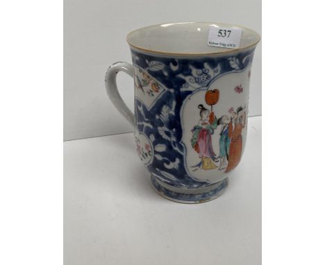 Chinese early C18th blue and white porcelain pint mug with famille vert and famille rose mandarin panel Line gilding worn, ov