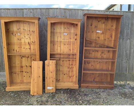 Pair modern pine open bookcases 183H x 32W x 100 Long And a larger one 198cm H x 32 W??? X 100 Long and set of Encyclopaedia 