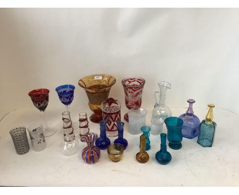 Qty of glassware including Bohemian ruby glass stemmed vases, 2 octagonal blue bottle signed Boda Artist.  Collection and oth