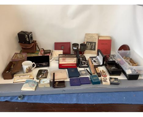 Pair of silver plated goblets, a box Brownie  camera, a small microscope (boxed), quantity of cigarette cards, quantity of fo