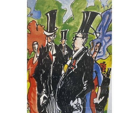 After DAVID DENT coloured print " Steering problems on the bend St Moritz" after Gill Evans, limited edition print Deerhound 