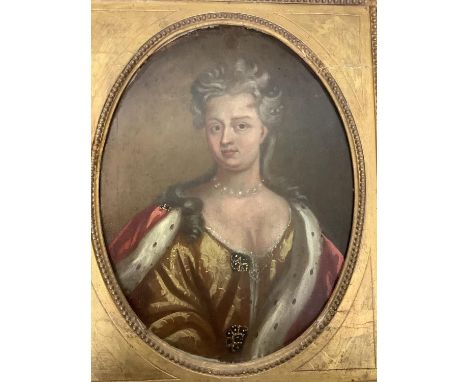 After Willem Wissing, oval oil on wood panel, "Reputed to be Queen Anne Stewart, or Anne's sister Mary II", inscribed label o