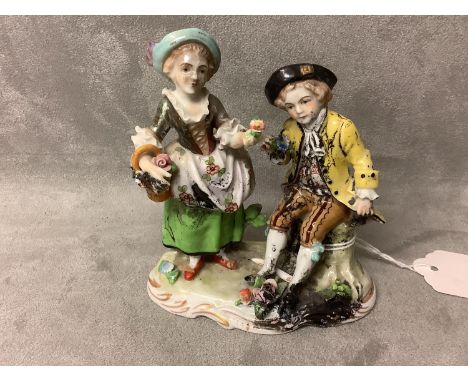 Sitzendorf small Derby figure group. Crown mark to base 11 an IT burn marks 