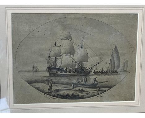 John De Vaumorel, 1766-1809 (Jersey), ink and watercolour drawing, "British man of War", signed lower left, dated 1782 lower 