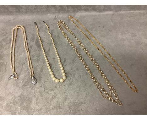 Yellow metal chain necklace 10.62g  seed pearl &amp; yellow metal link necklace 12.16 g. single strand graduated pearl neckla