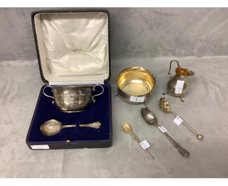 Cased hallmark silver Posset cup and spoon London 1911  Mosley Flowers &amp; Co.  1 Albermarle street 6 ozt.  Engraved  Small