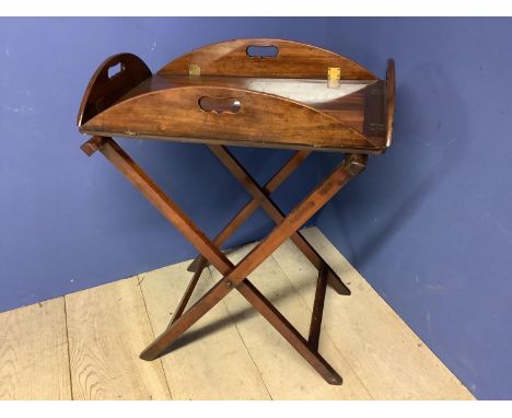 Mahogany butlers tray and stand, and a bedside commode 