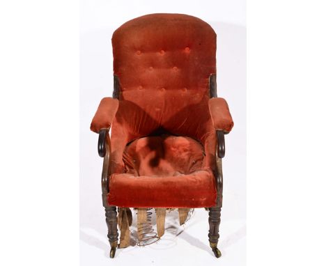 A VICTORIAN ROSEWOOD LIBRARY OPEN ARMCHAIR with button upholstered back, scrolling arms and carved turned front legs 60cm wid