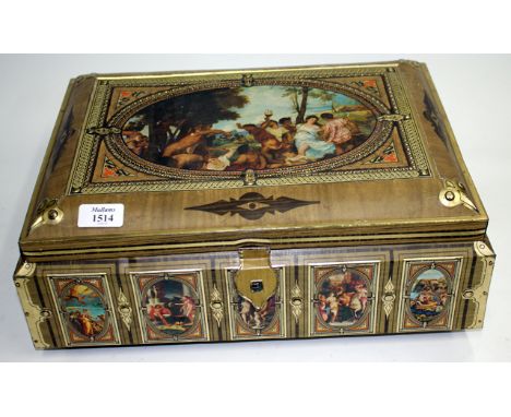 A LARGE DECORATIVE CASKET STYLE BISCUIT TIN, the lid decorated with a print of a painting 'After Titian' and the base stamped