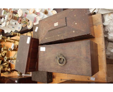 A REGENCY ROSEWOOD TEA CADDY with ring handle to the top, 30cm wide together with sarcophagus type tea caddy and two oak boxe